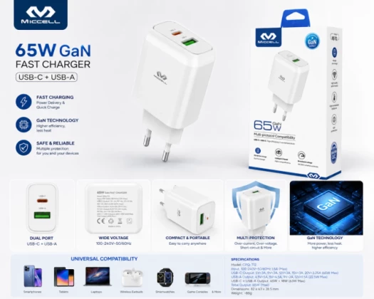 TÊTE CHARGEUR RAPIDE 65W MICCELL - BLANC